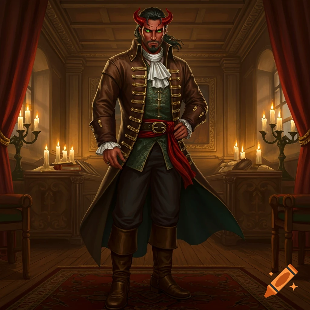 A red-skinned, horned man with green eyes, a beard, and dark hair, dressed in a brown long coat and red sash, stands in an opulent, candlelit room.