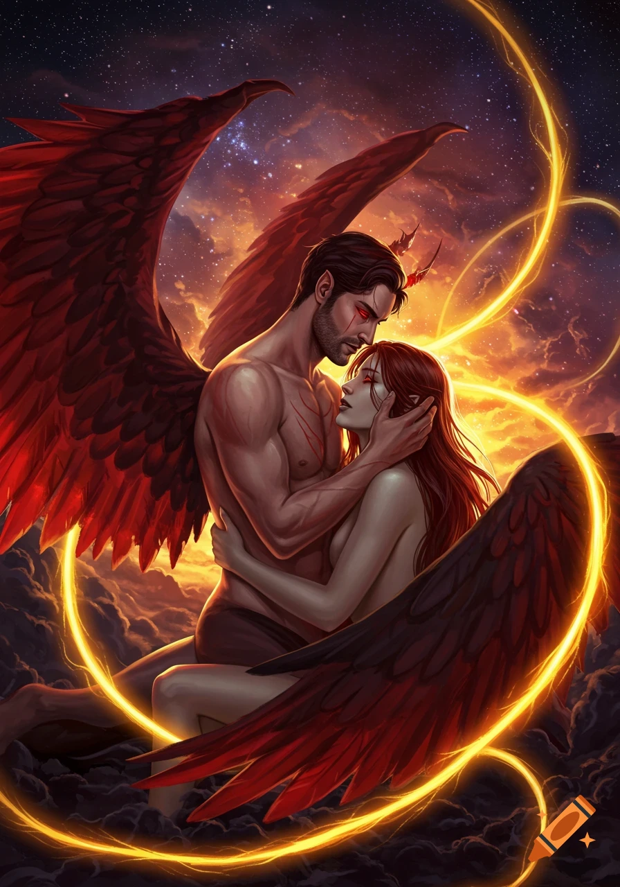 A fantasy illustration of a winged, horned man embracing a winged woman under a cosmic, fiery sky with glowing magic.