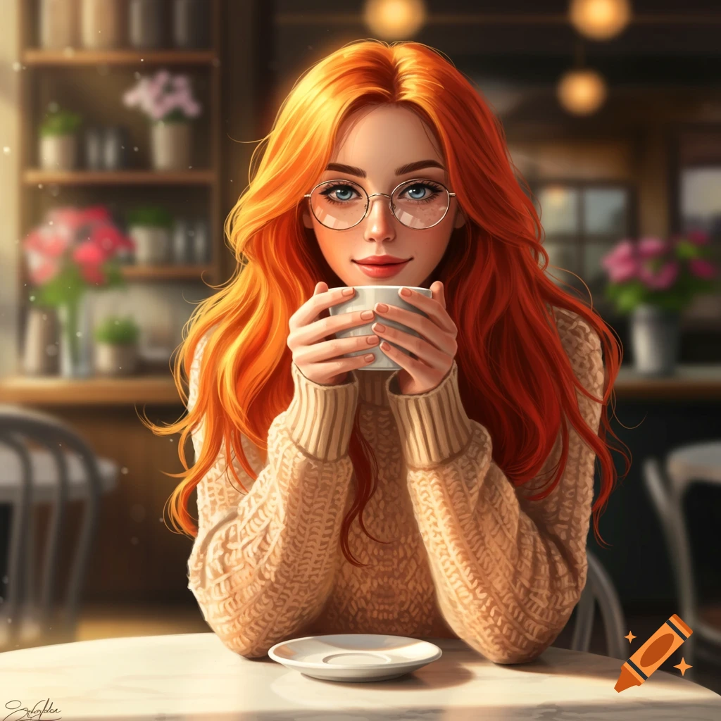 Digital art portrait of a beautiful woman with long red hair and glasses, holding a coffee cup in a cozy cafe.