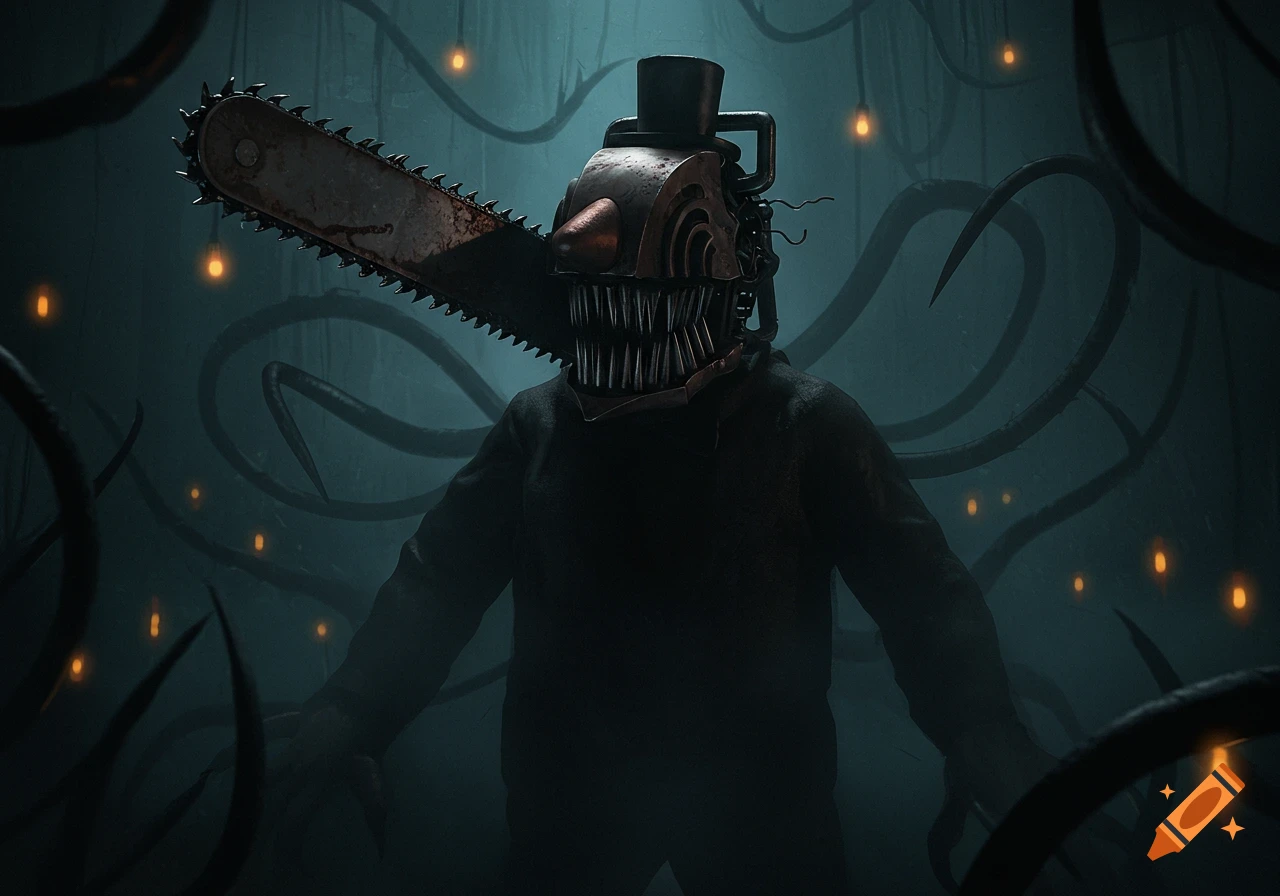 A terrifying animatronic with a chainsaw head, sharp teeth, and a top hat, in a dark, eerie room with glowing lights and shadowy tendrils. Digital art.