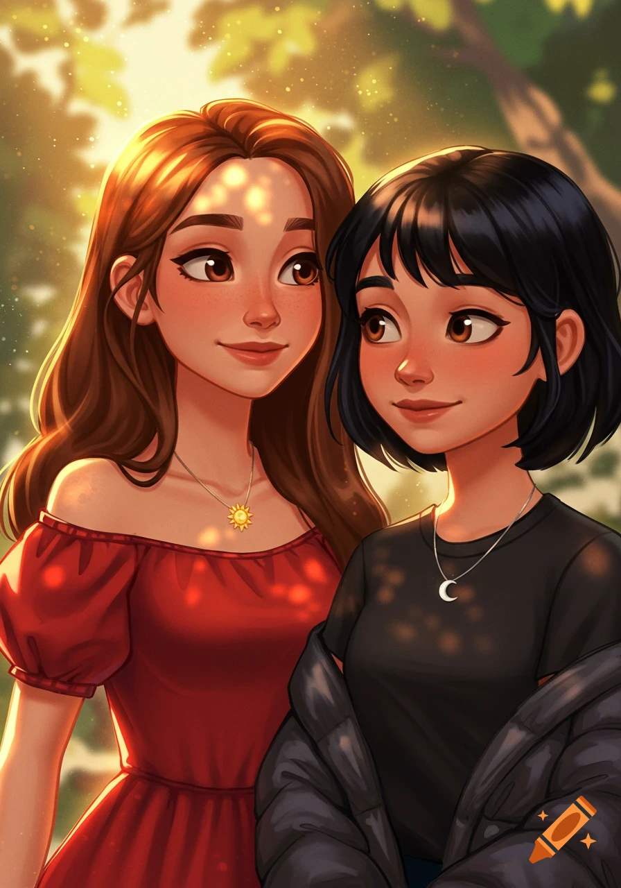 Two animated girls, one with long brown hair in a red dress, the other with short black hair and a black jacket, stand smiling in warm sunlight.