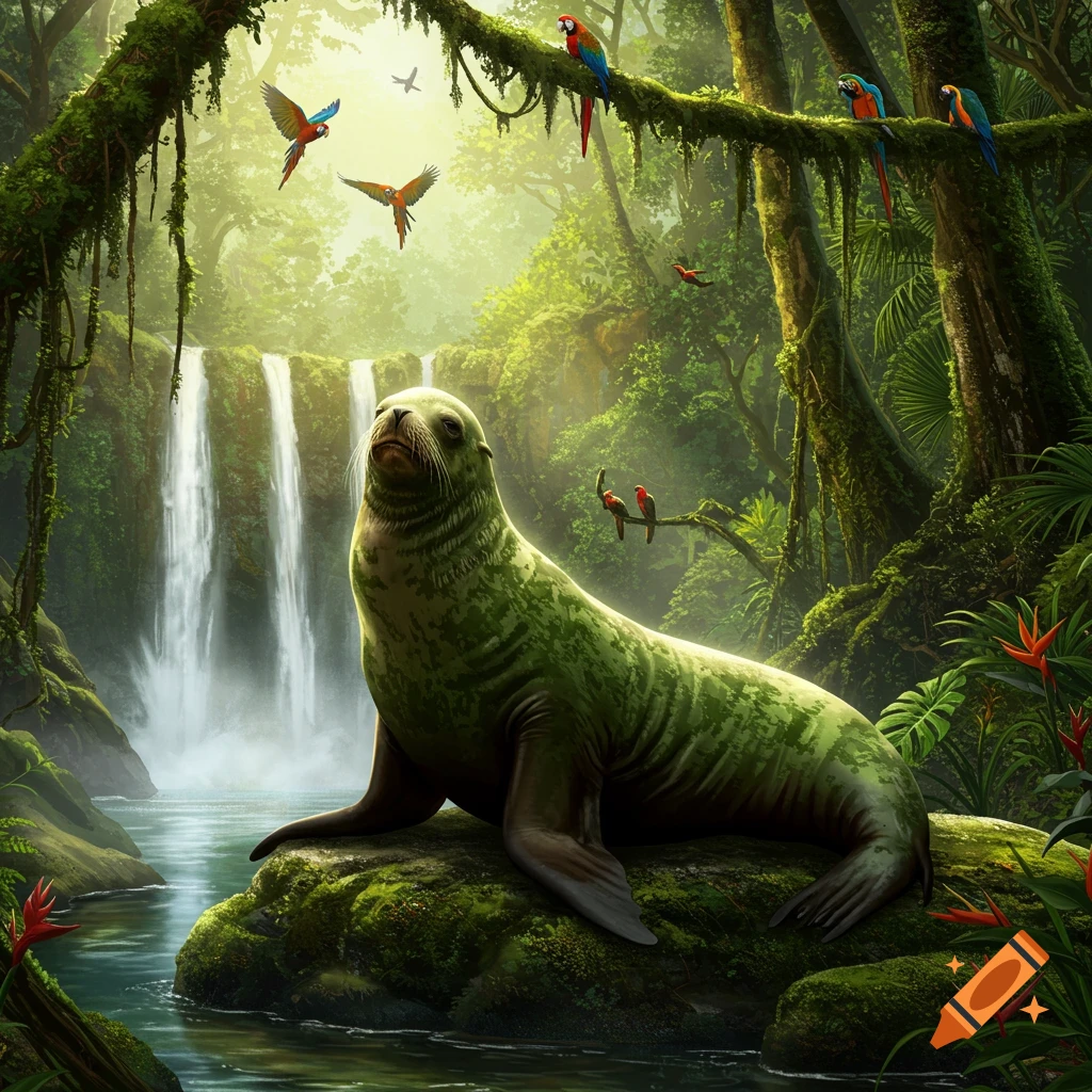 A green and brown camouflage sea lion sits on a mossy rock in a lush tropical rainforest with waterfalls and colorful parrots.