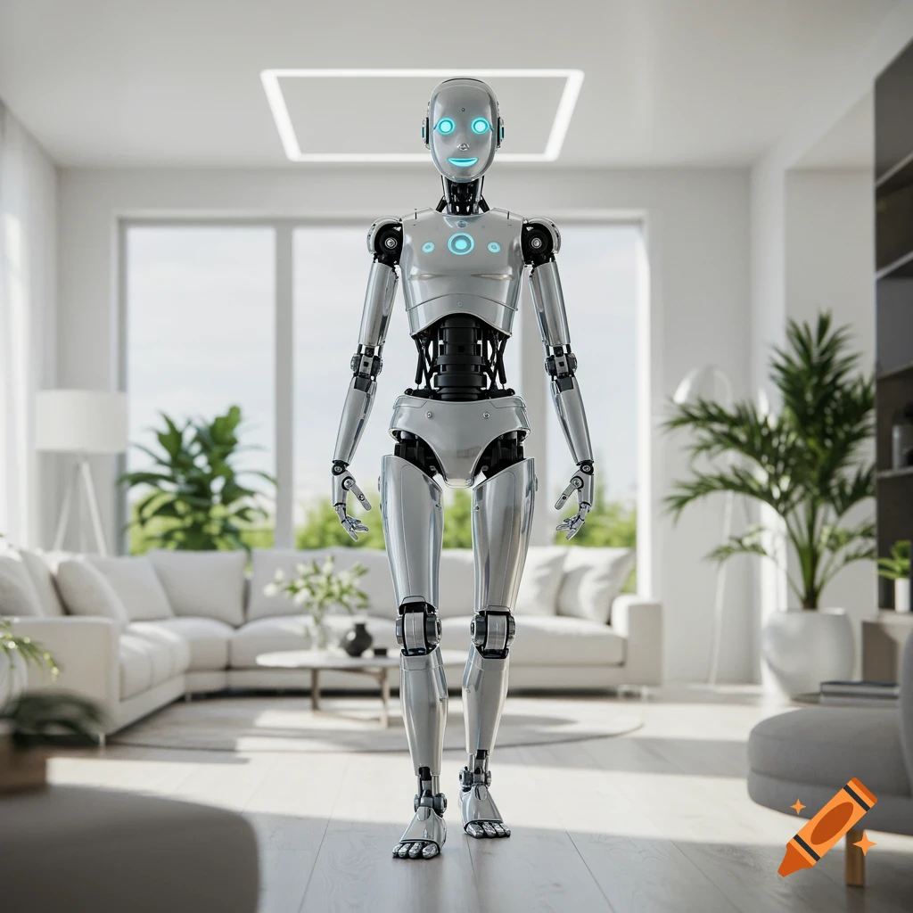 A photorealistic humanoid robot with glowing blue eyes stands in a modern, bright living room.