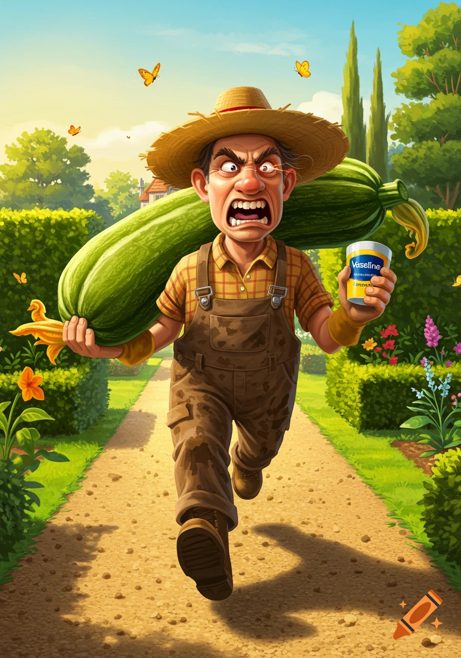 An angry cartoon gardener with a straw hat runs down a garden path, carrying a giant courgette over his shoulder and a tub of Vaseline.