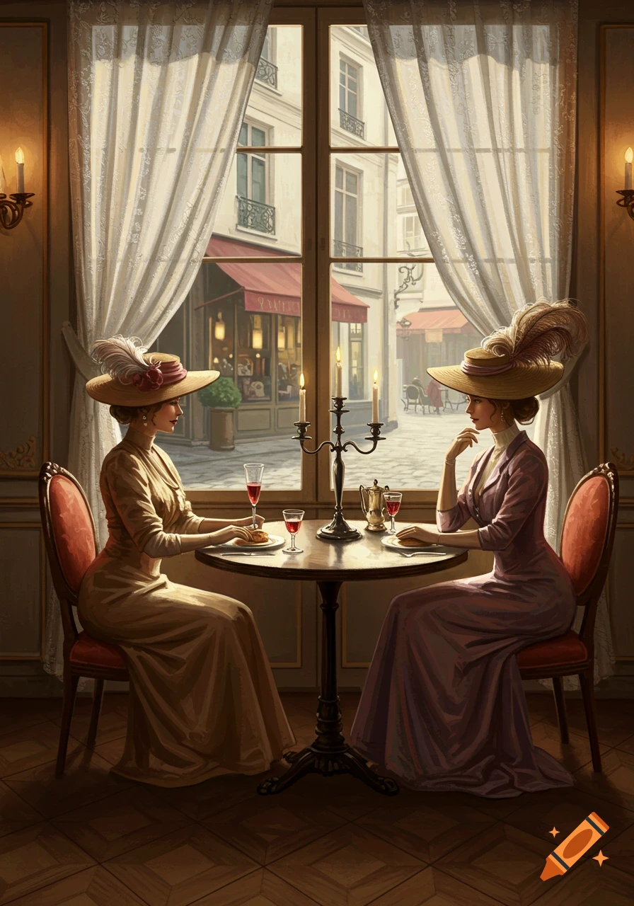 Two women in elaborate hats and long dresses sit at a candlelit table by a window overlooking a Parisian street in the 1900s.