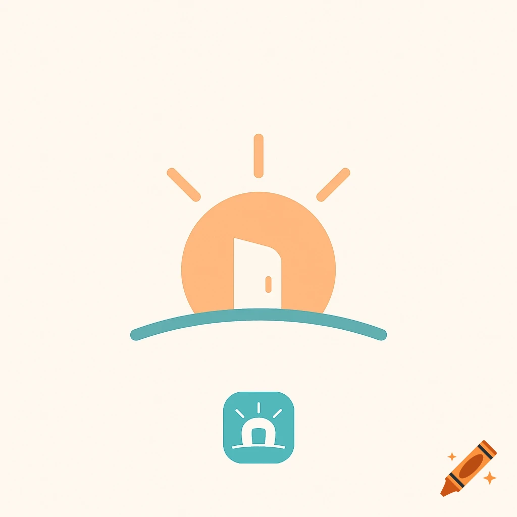 Minimalist logo of an orange sun with a white door, a blue horizon line, and a small blue icon below.