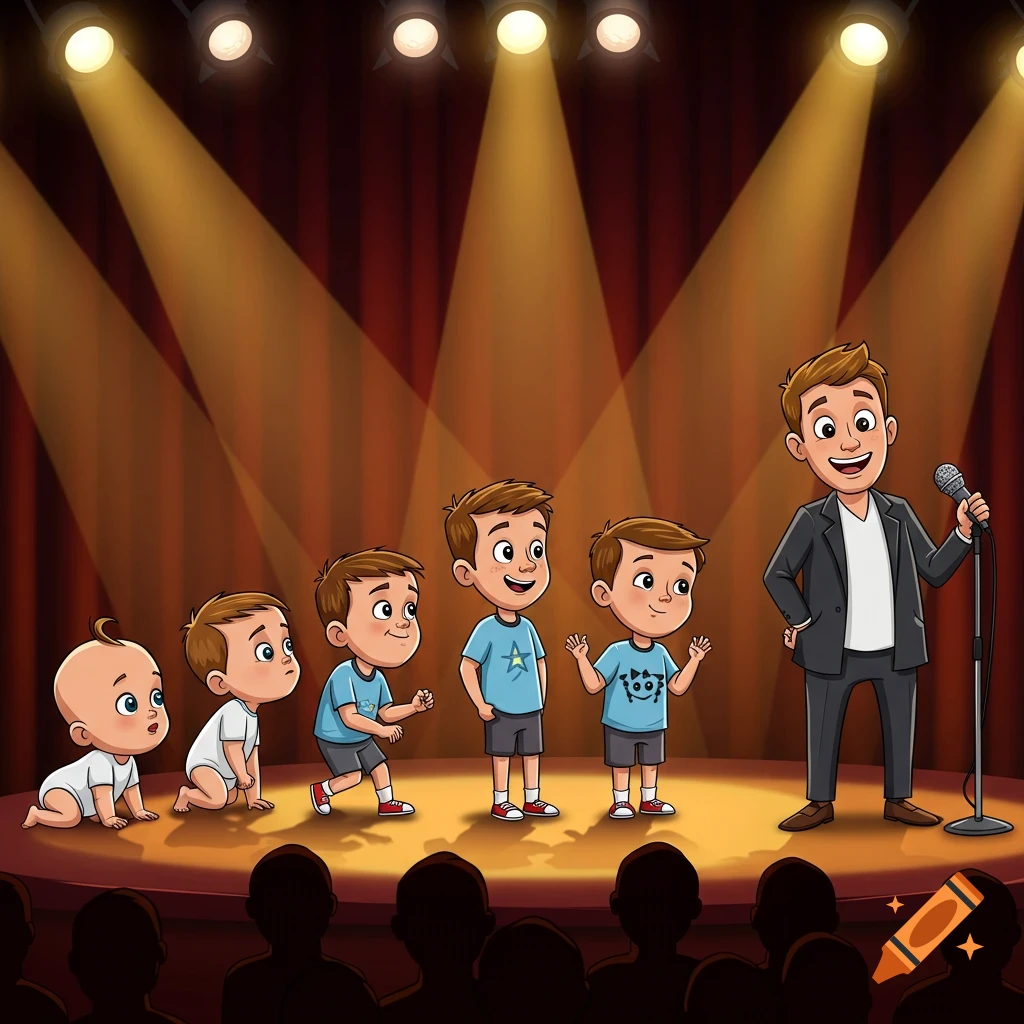 Cartoon illustration showing a boy's life stages from baby to adult stand-up comedian on a stage with spotlights and an audience.