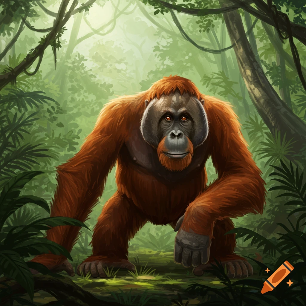 An angry orangutan with long orange fur stands in a lush green jungle, looking directly forward. Illustration.