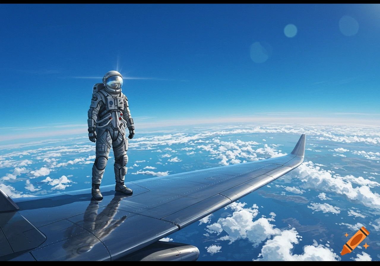 An astronaut stands on an airplane wing flying high above white clouds under a clear blue sky, digital art.
