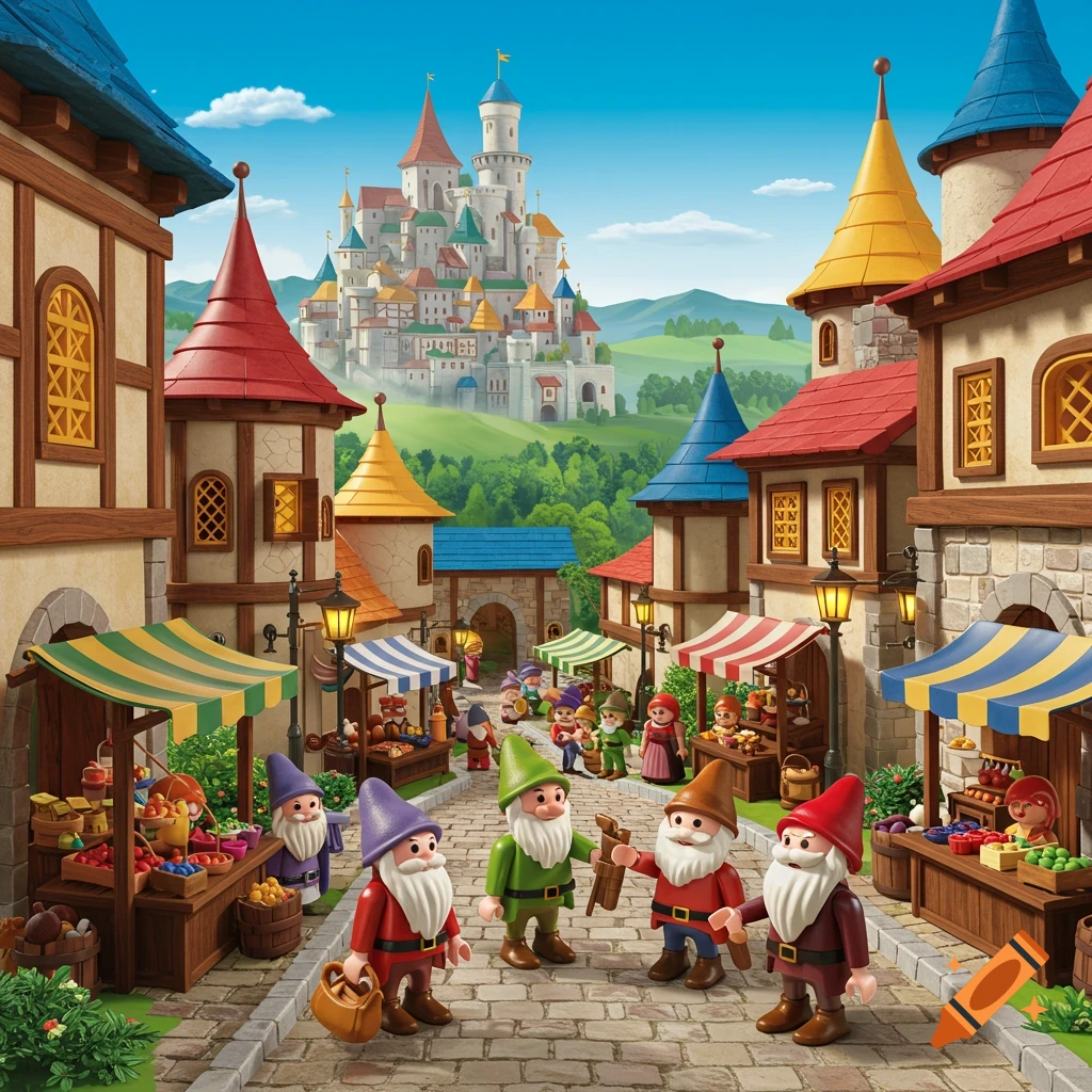 A vibrant Playmobil-style fantasy village bustling with gnomes at market stalls, with a colorful castle on a distant hill.