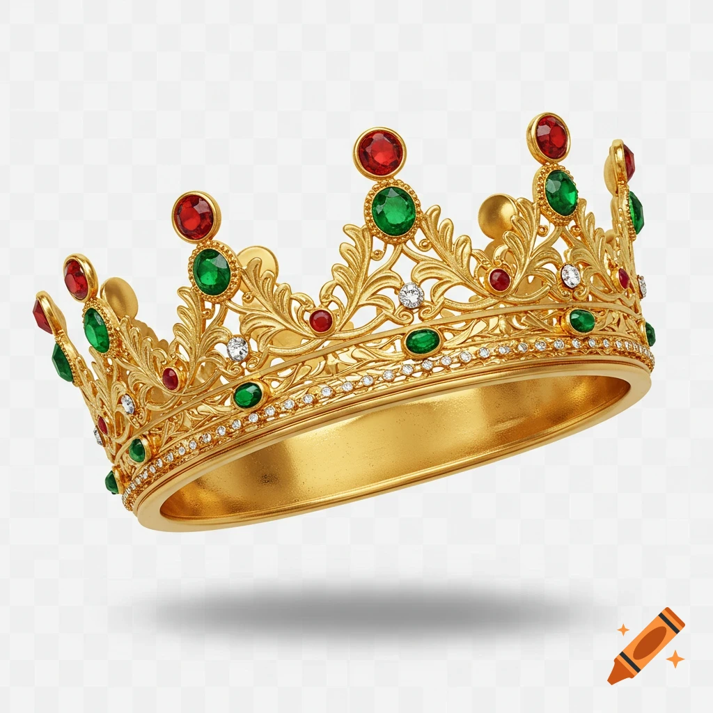 A majestic golden crown adorned with red, green, and white jewels, casting a shadow on a transparent background.