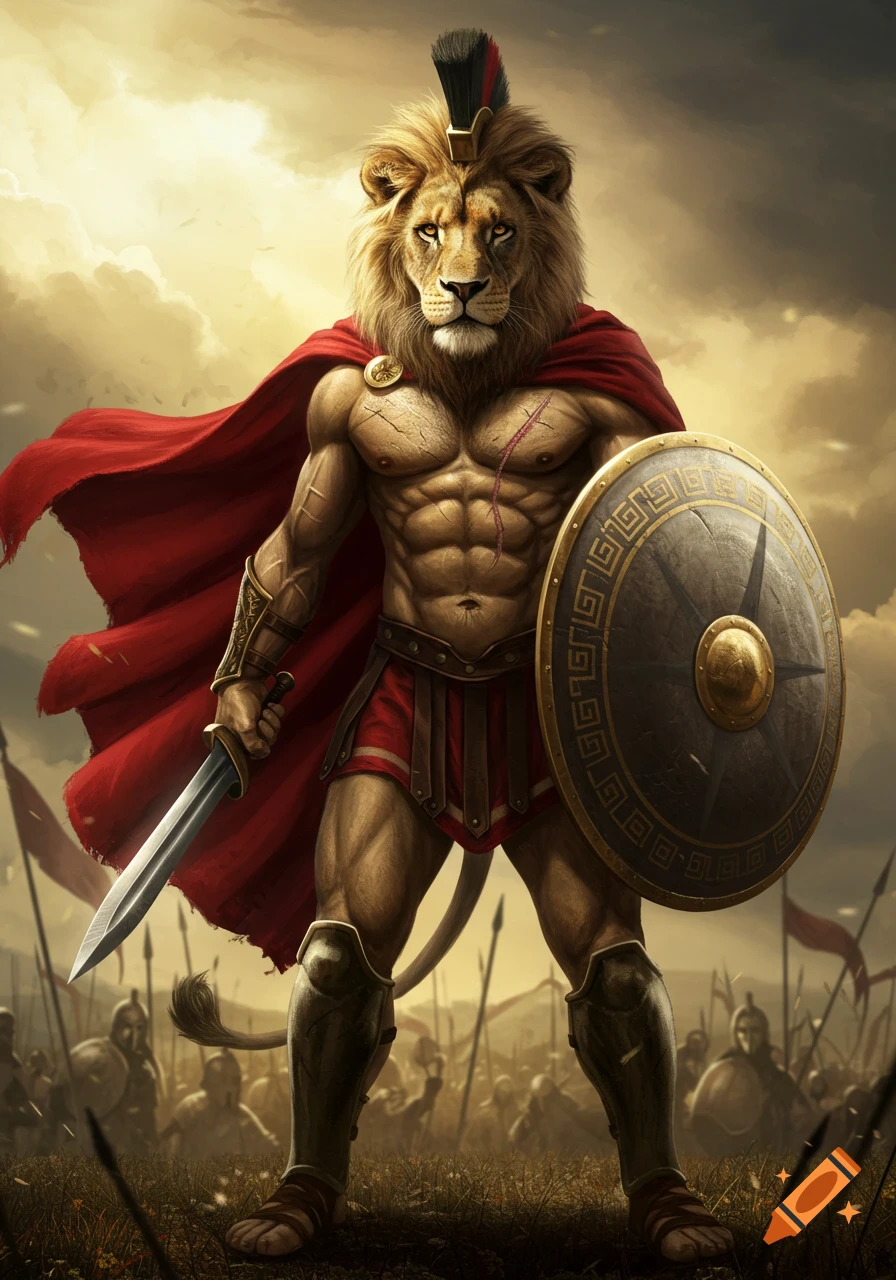 Muscular lion-headed Spartan warrior in a red cape, with sword and shield, stands heroically on a battlefield.