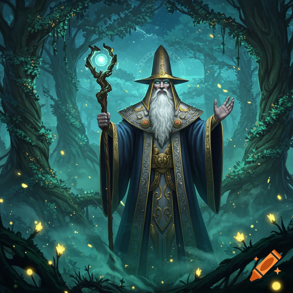 A wise old wizard with a long white beard in a blue robe holds a glowing staff in a dark, misty, magical forest with luminous plants. Digital art.
