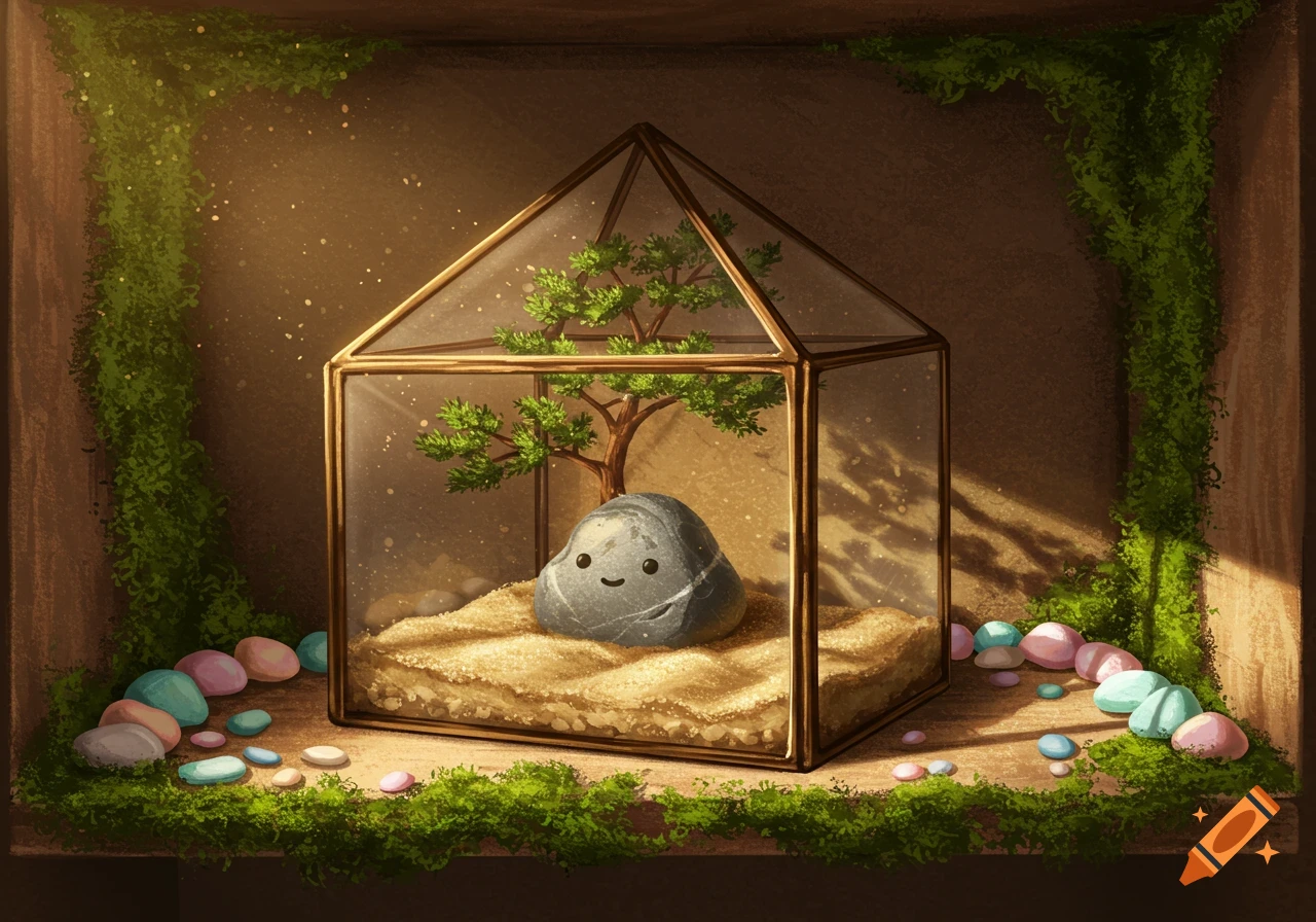 Whimsical illustration of a happy pet rock in a glass terrarium with a small tree, sand, and colorful pebbles.