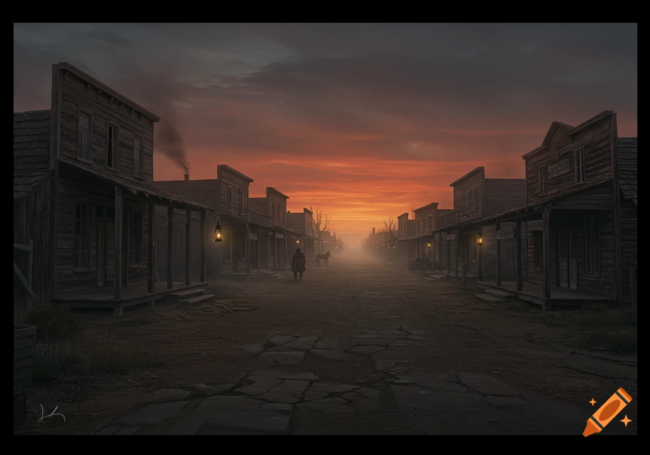 A lone rider on horseback in a dusty, foggy Western town street at sunset, lined with wooden buildings and glowing lanterns.
