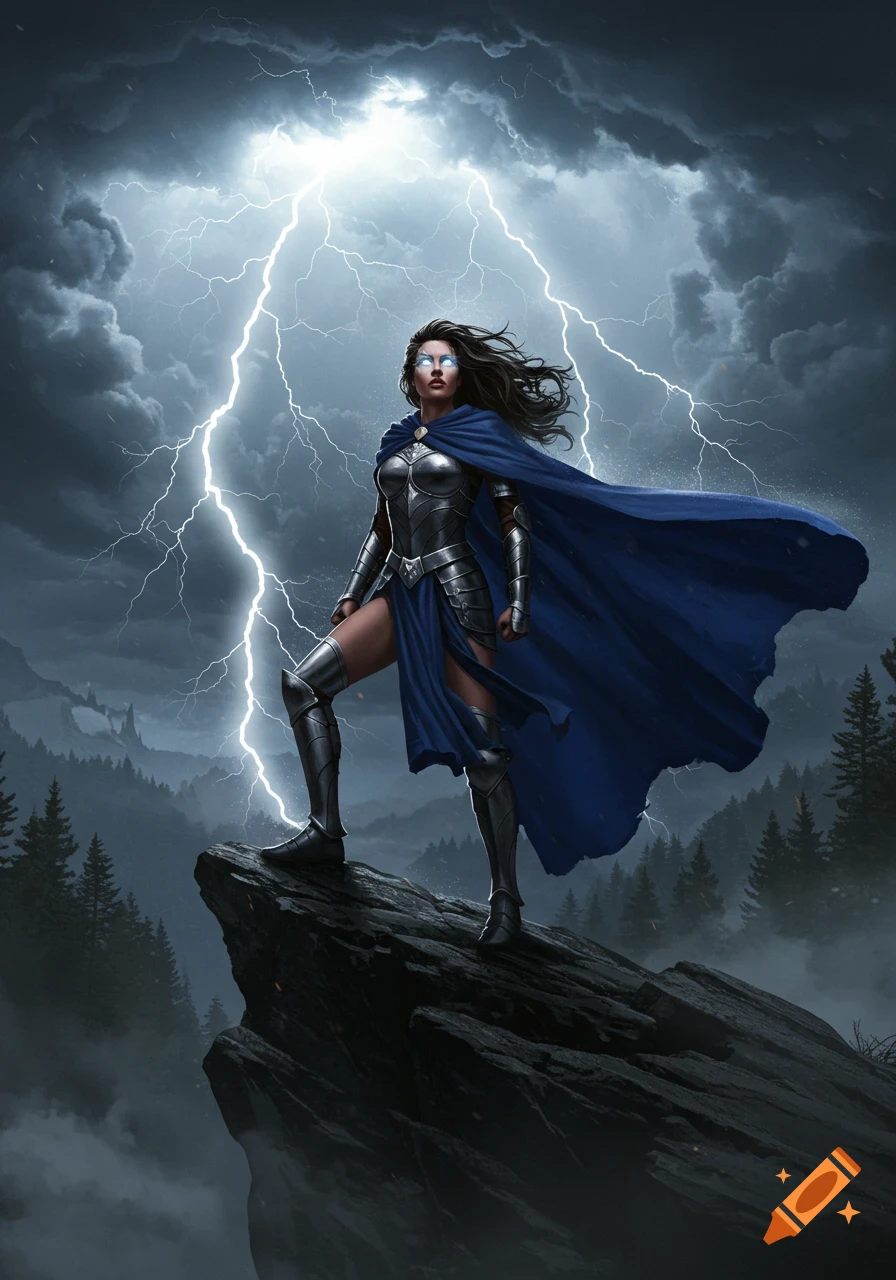 Female warrior with glowing eyes and blue cape stands on a mountain peak during a lightning storm, fantasy art.