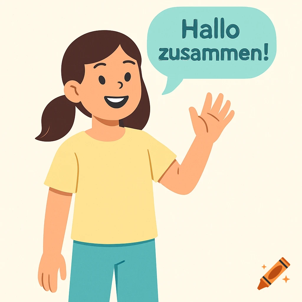 Cartoon illustration of a young girl with pigtails waving, with a speech bubble saying 'Hallo zusammen!'