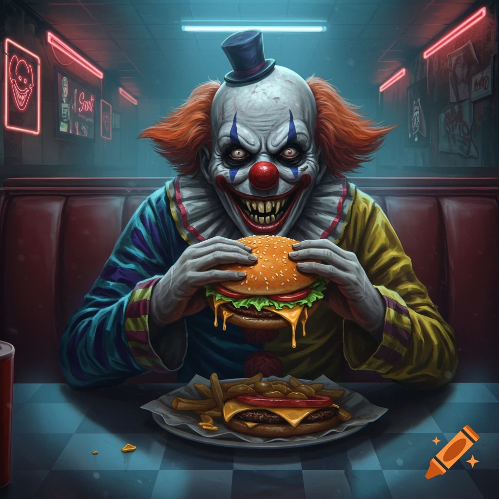 A scary, sinister clown in a diner eats a cheeseburger and fries, illuminated by neon lights.
