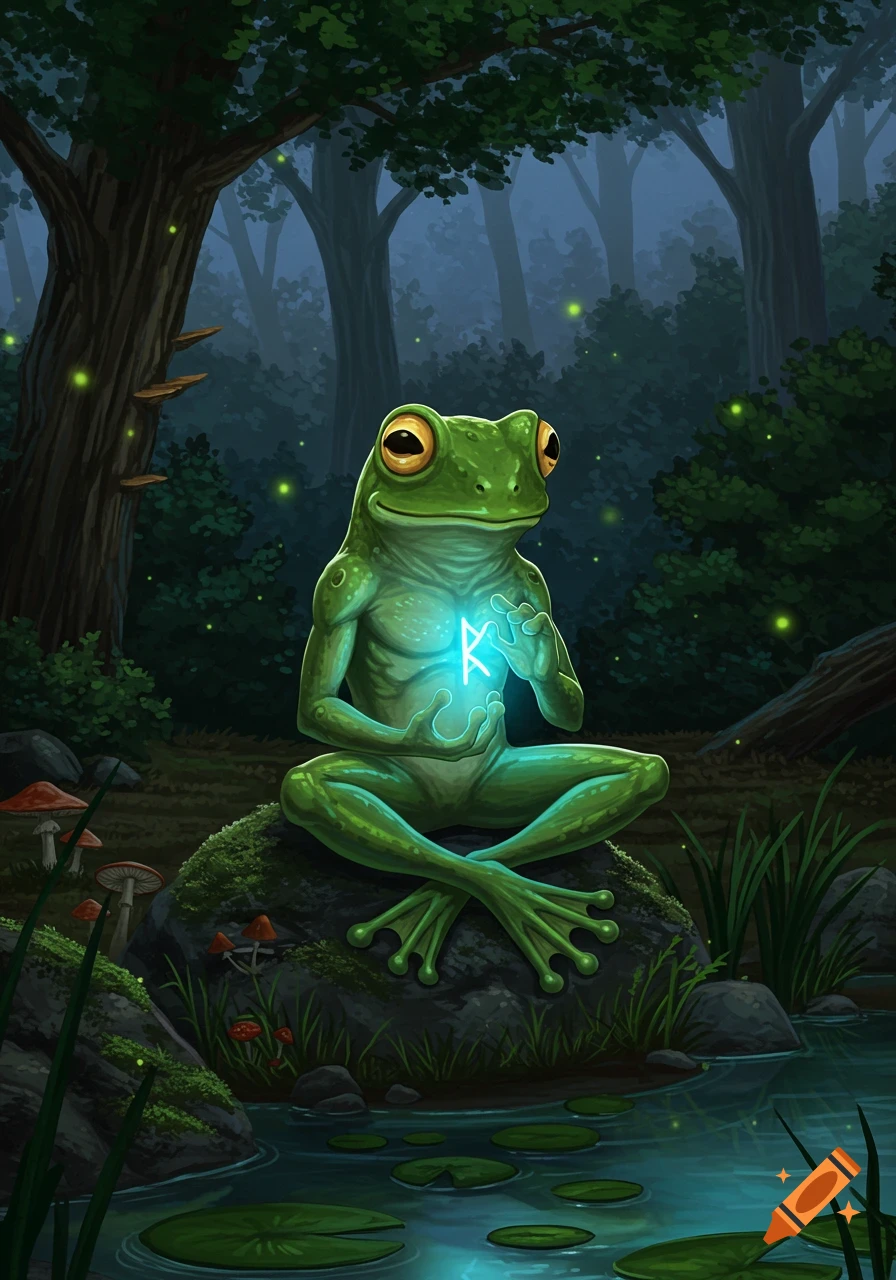 A green humanoid frog sits cross-legged on a mossy rock in a dark forest, holding a glowing blue magical rune.