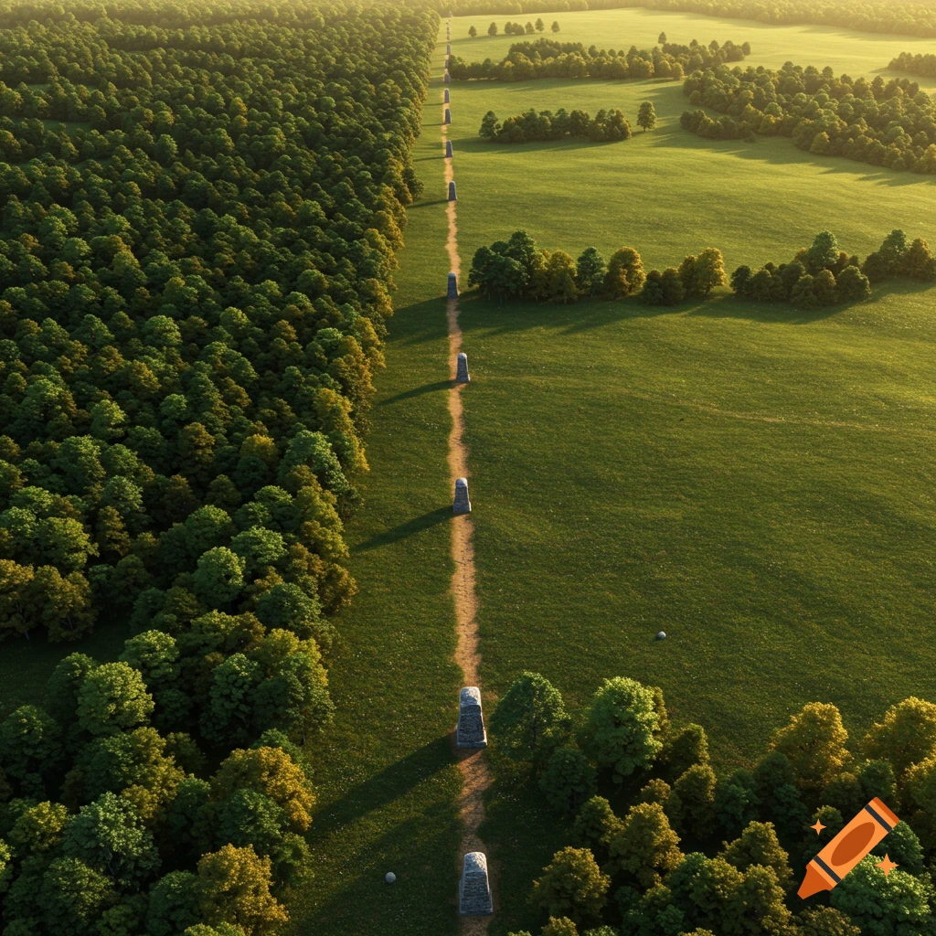 Aerial view of a long dirt path with stone markers, dividing a dense forest from a bright green field under a sunny sky.