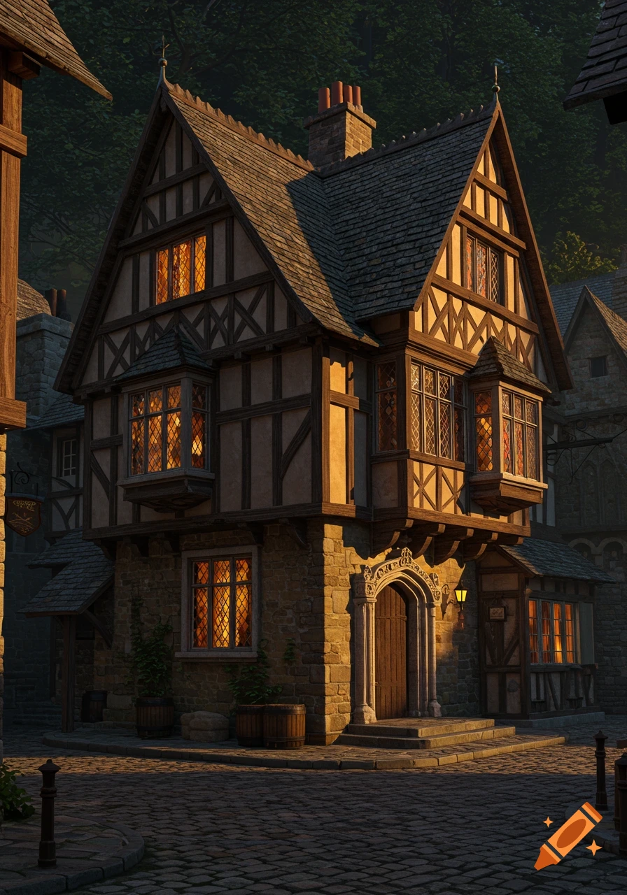 A photorealistic image of a medieval half-timbered building with a stone base, gabled roofs, and warmly lit windows on a cobblestone street at dusk.
