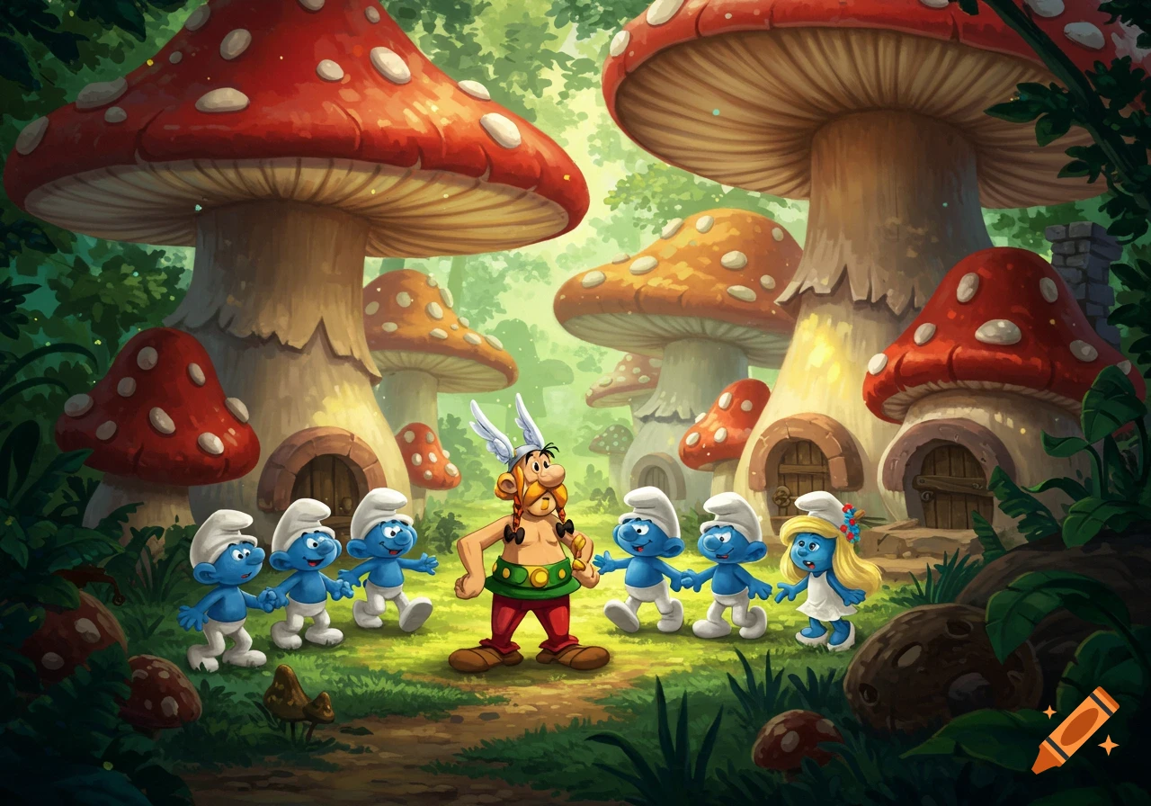 Asterix stands among Smurfs and Smurfette in a vibrant, cartoon mushroom village forest.