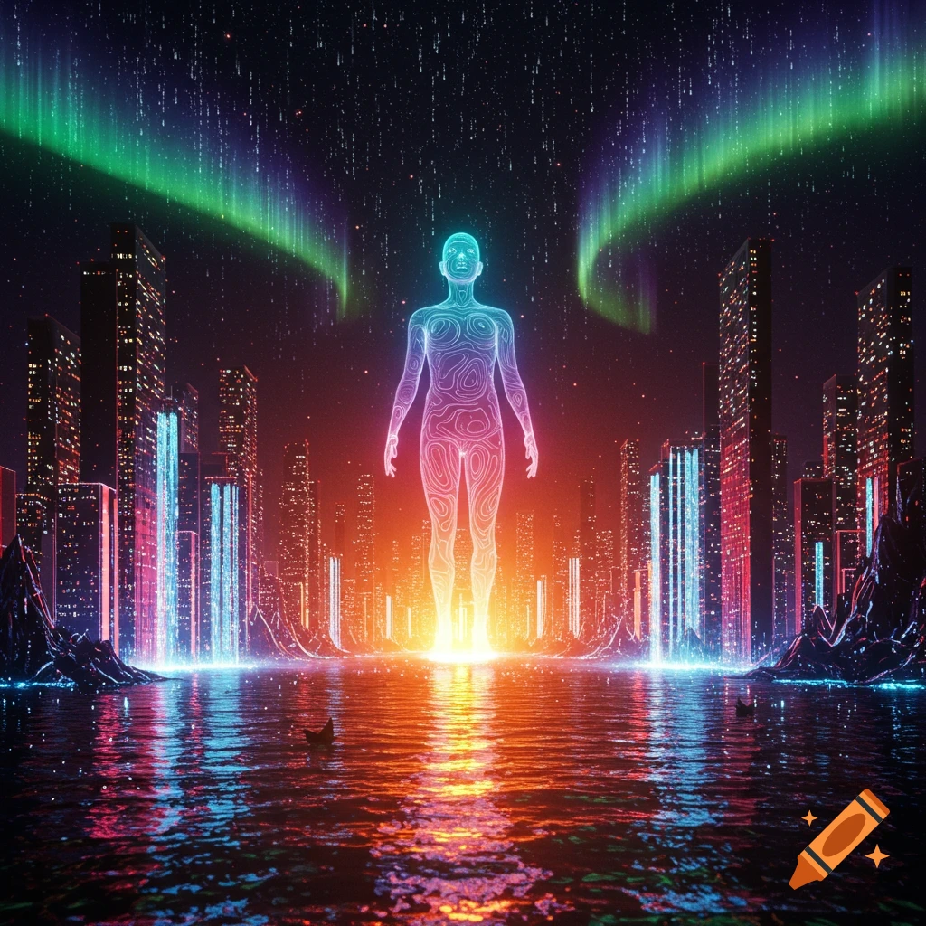 A glowing, outlined human figure stands on water reflecting a neon city and aurora lights under a starry sky. Futuristic, surreal style.