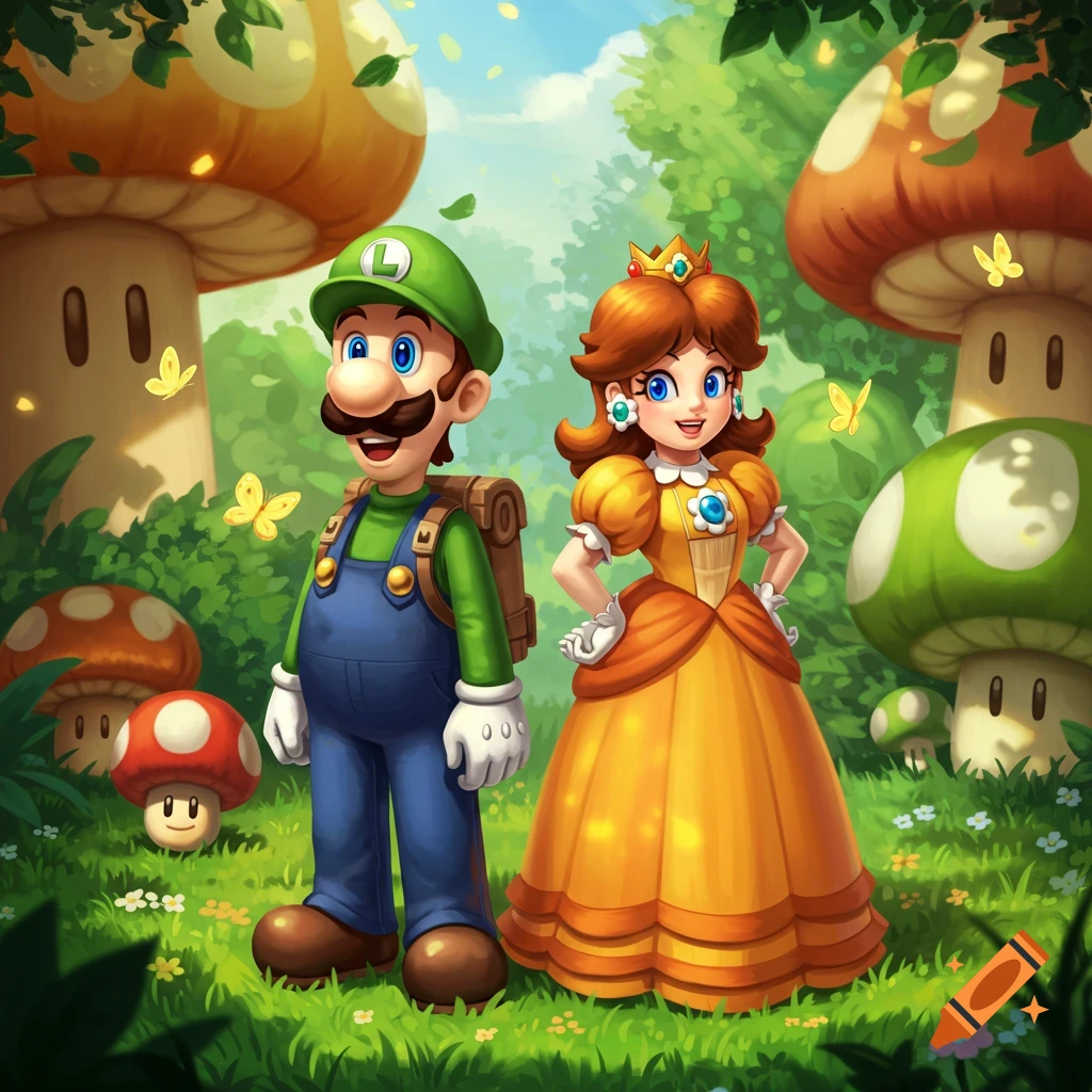 Luigi and Daisy stand in a vibrant, sunny forest filled with large, colorful mushrooms and butterflies in a cartoon art style.