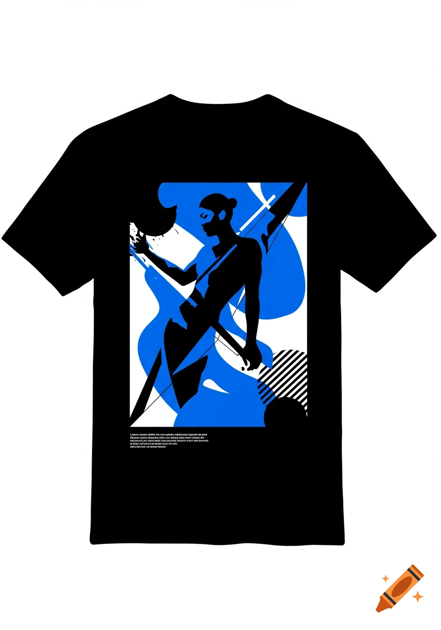 Black t-shirt with a blue, black, and white abstract graphic of a stylized female figure.