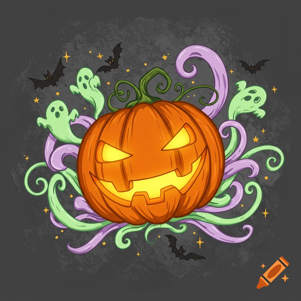 A cartoon jack-o'-lantern with glowing eyes and mouth, surrounded by two green ghosts, bats, and swirling purple and green vines on a dark textured background.