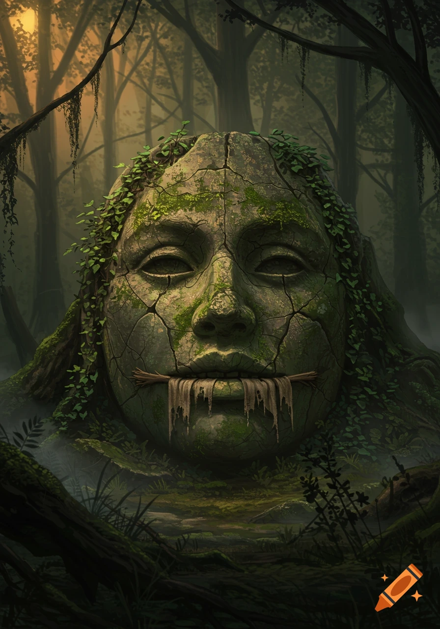 An ancient, moss-covered stone head with a cloth-stuffed mouth in a misty jungle.