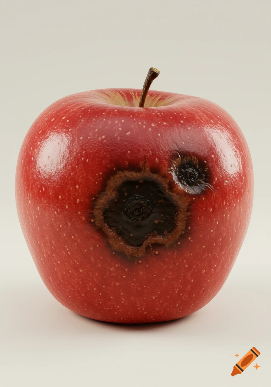 A close-up, photorealistic image of a single red apple with dark brown rotten spots on a light background.