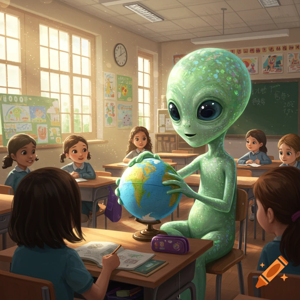 A friendly green alien teacher holding a globe in a sunlit classroom filled with young, attentive children.