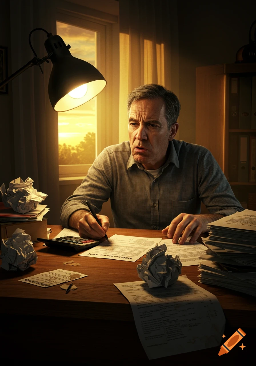A stressed older man works on paperwork at a desk under a lamp, surrounded by crumpled papers, with a sunset visible through the window.
