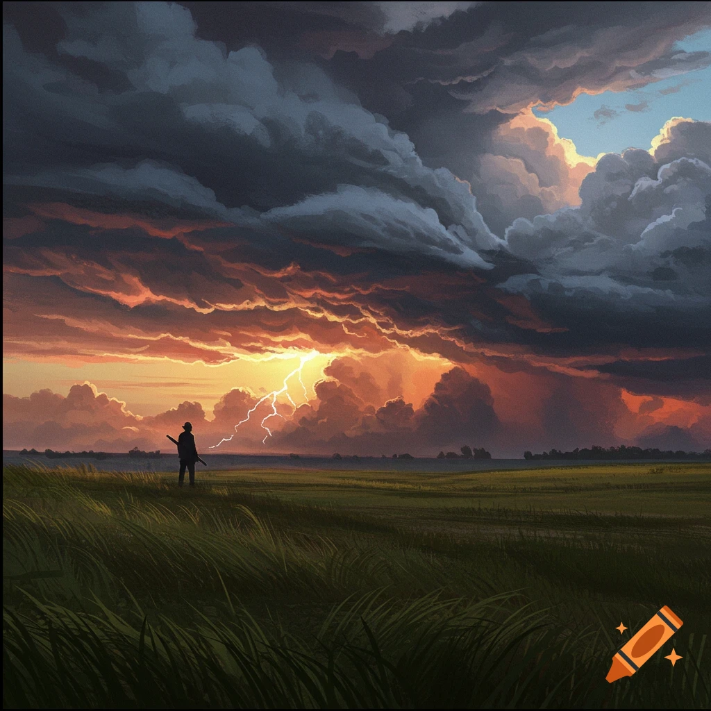 A silhouetted person stands in a grassy field, watching lightning strike from a dramatic stormy sky with vibrant orange and dark clouds.