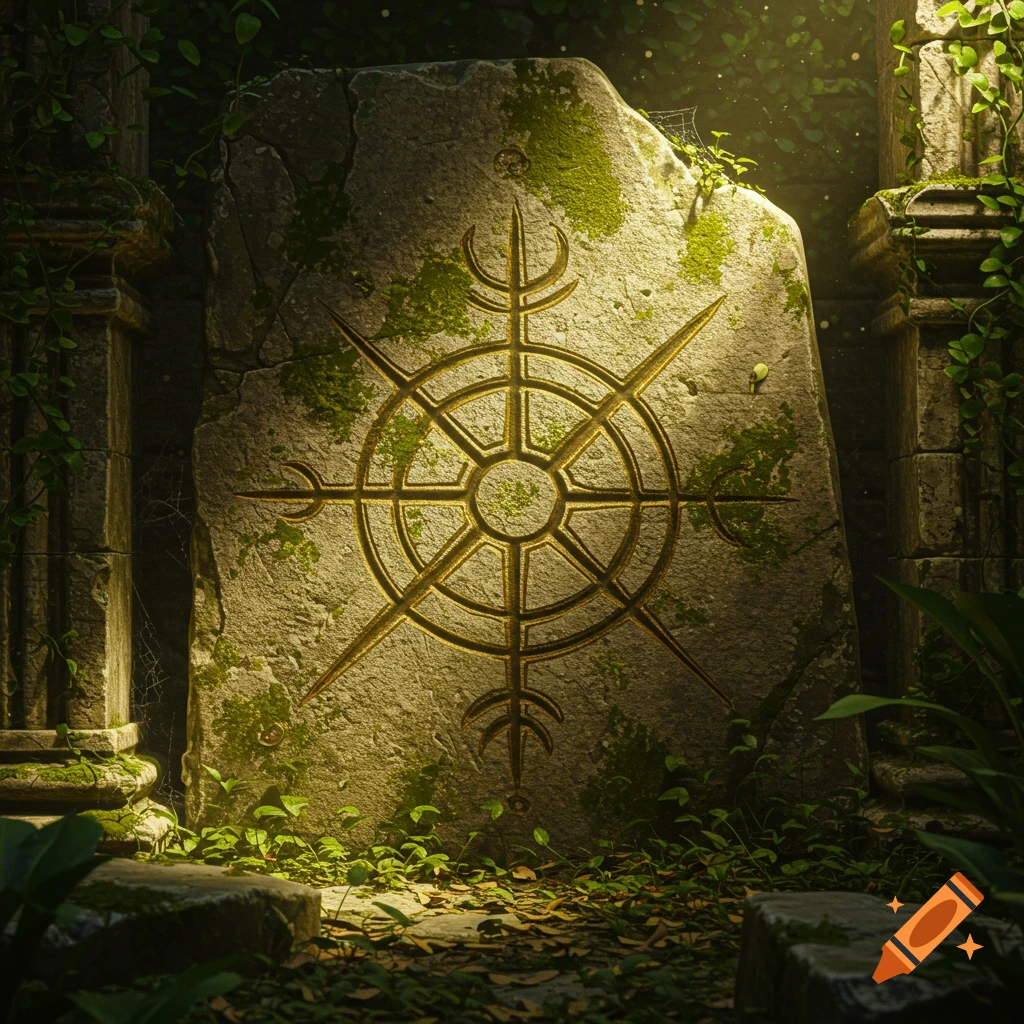 A mystical golden star symbol carved into a moss-covered ancient stone slab, bathed in dappled sunlight within overgrown ruins.