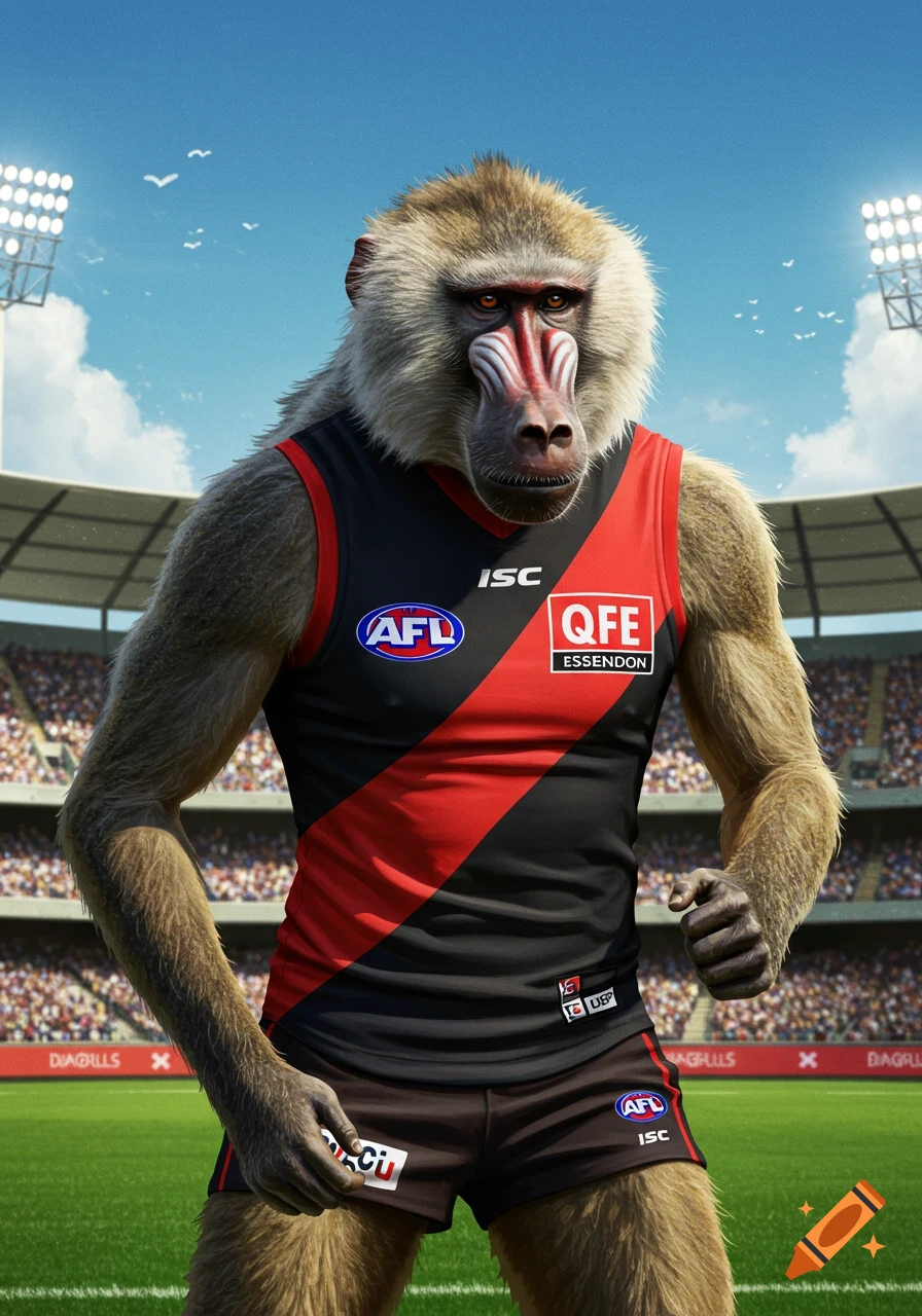 A photorealistic baboon wearing a black and red Essendon Bombers AFL uniform stands on a grass field in a stadium.