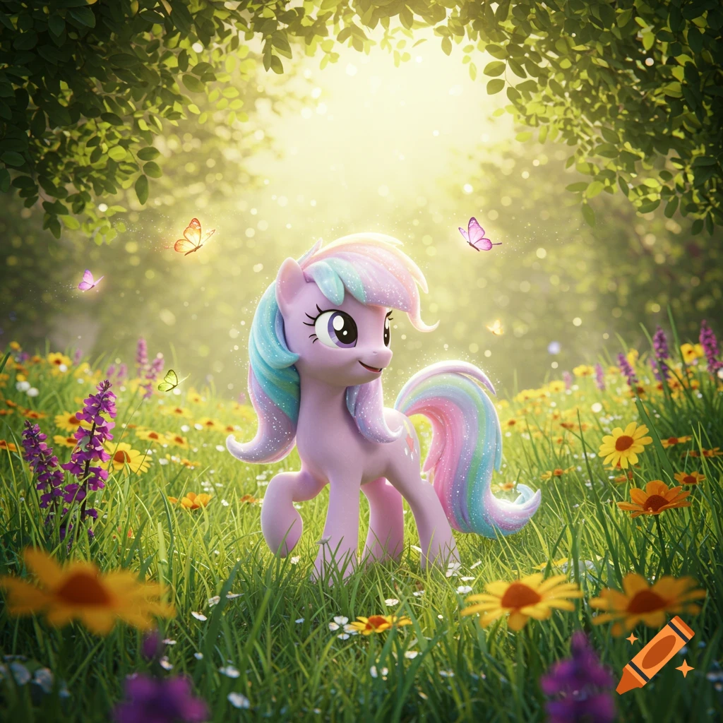 A cute, light purple My Little Pony-style character with a rainbow mane and tail stands in a vibrant, sunlit field of colorful wildflowers and green grass. Butterflies flutter around.