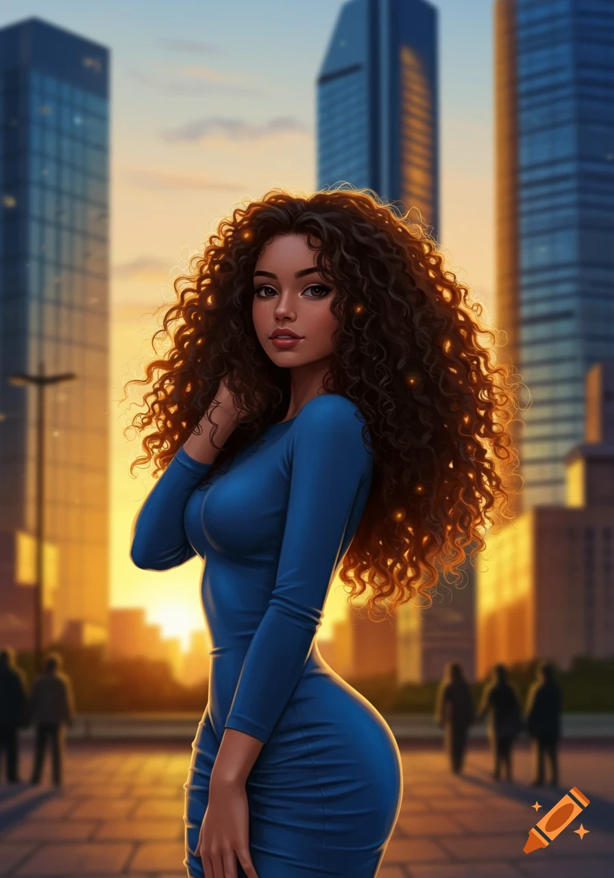 An illustration of a woman with long curly hair in a form-fitting blue dress standing in a city at sunset.