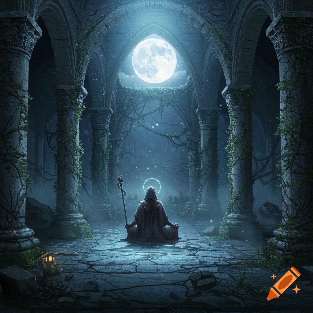 A robed prophet meditates under a full moon in ancient, vine-covered gothic ruins, bathed in ethereal blue light.