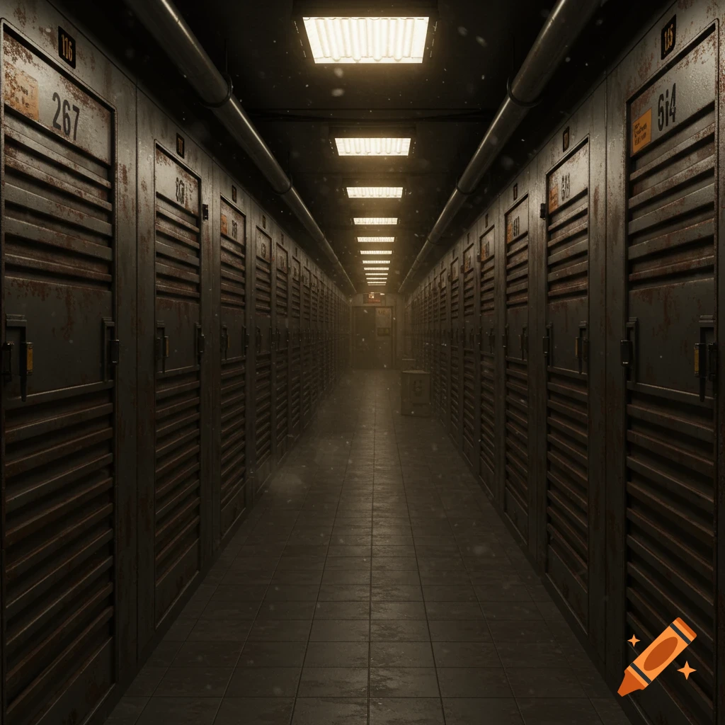 A long, dimly lit hallway lined with rusty metal storage lockers under fluorescent lights.