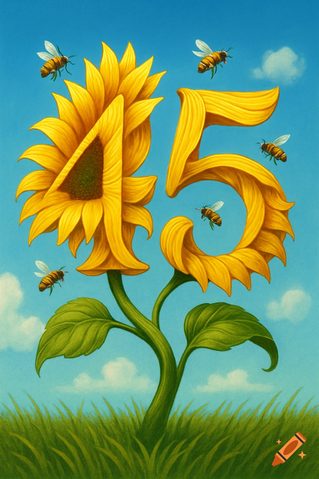 Illustrated sunflower shaped like the number 45, with bees flying in a sunny blue sky above a grassy field.