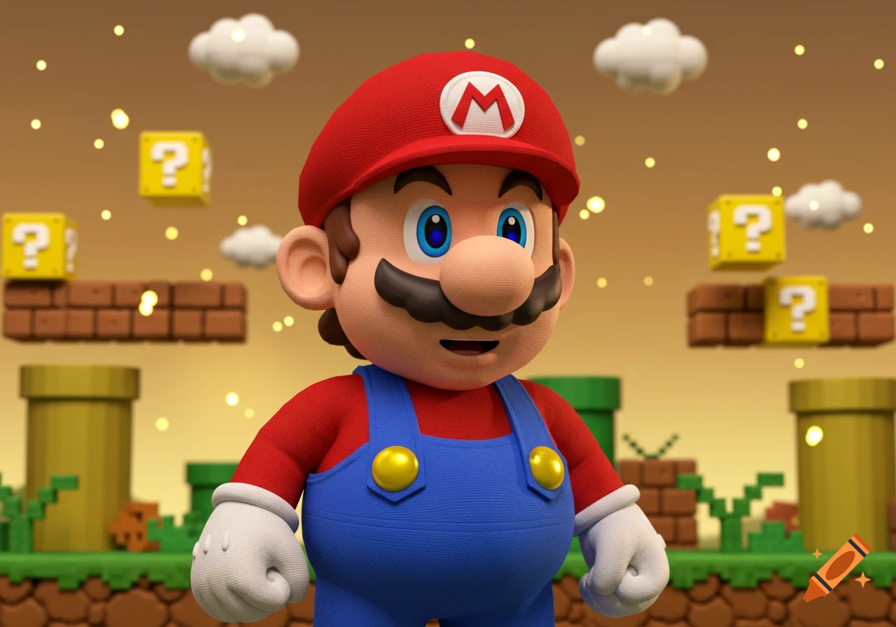 3D render of Mario in his red cap, red shirt, and blue overalls, standing in a classic Super Mario Bros. level with blocks and pipes.