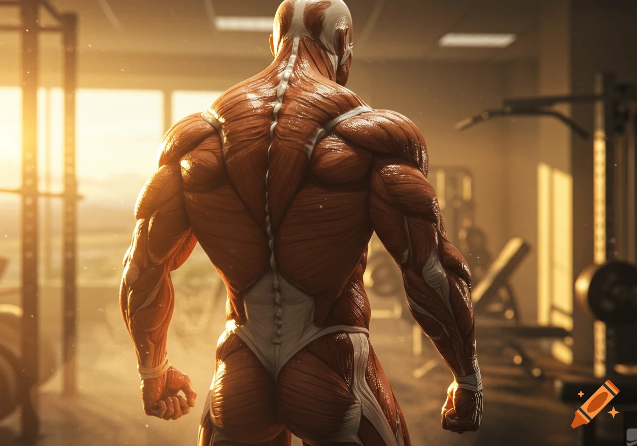 Detailed anatomical view of a person's muscular back and shoulders in a gym at sunset, photorealistic style.