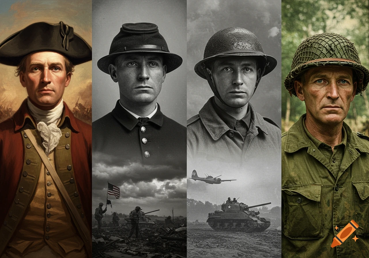Four portraits of a soldier: a Revolutionary War painting, a Civil War daguerreotype, a WWI black and white photo, and a color Vietnam War photo.