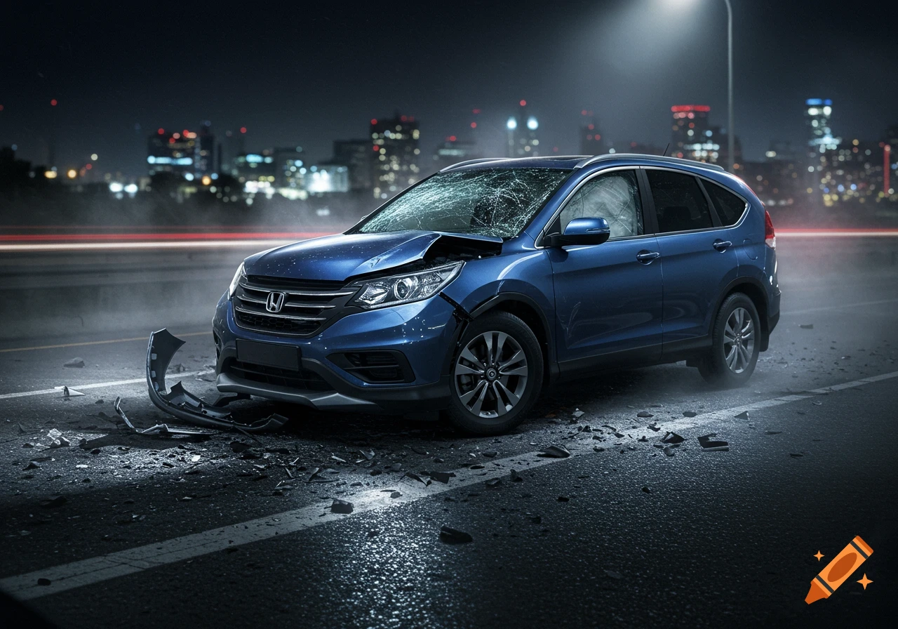 A blue Honda CR-V with a shattered windshield and damaged front bumper after an accident on a dark interstate at night, debris scattered on the road, city lights in the background.