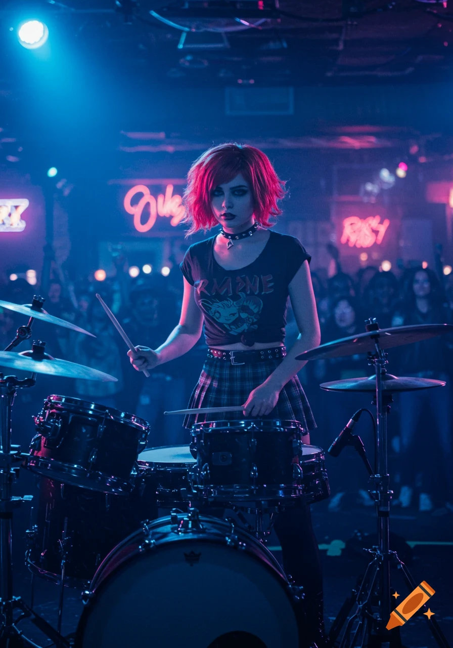 A red-haired person in a plaid skirt and black t-shirt plays drums on a dimly lit stage with blue and pink neon lights.