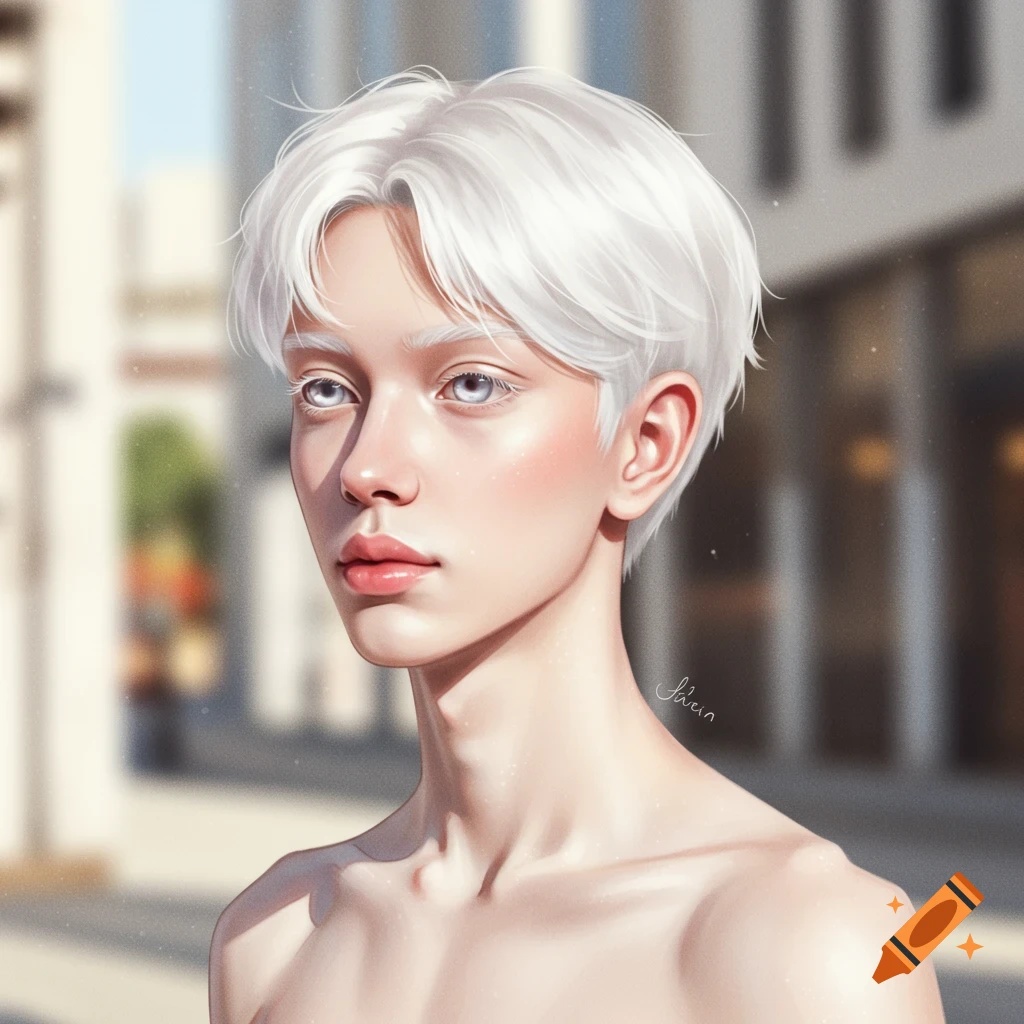 A stylized portrait of a shirtless young man with short white hair, pale skin, large light blue eyes, and full lips, looking gently to the left with a blurred cityscape background.