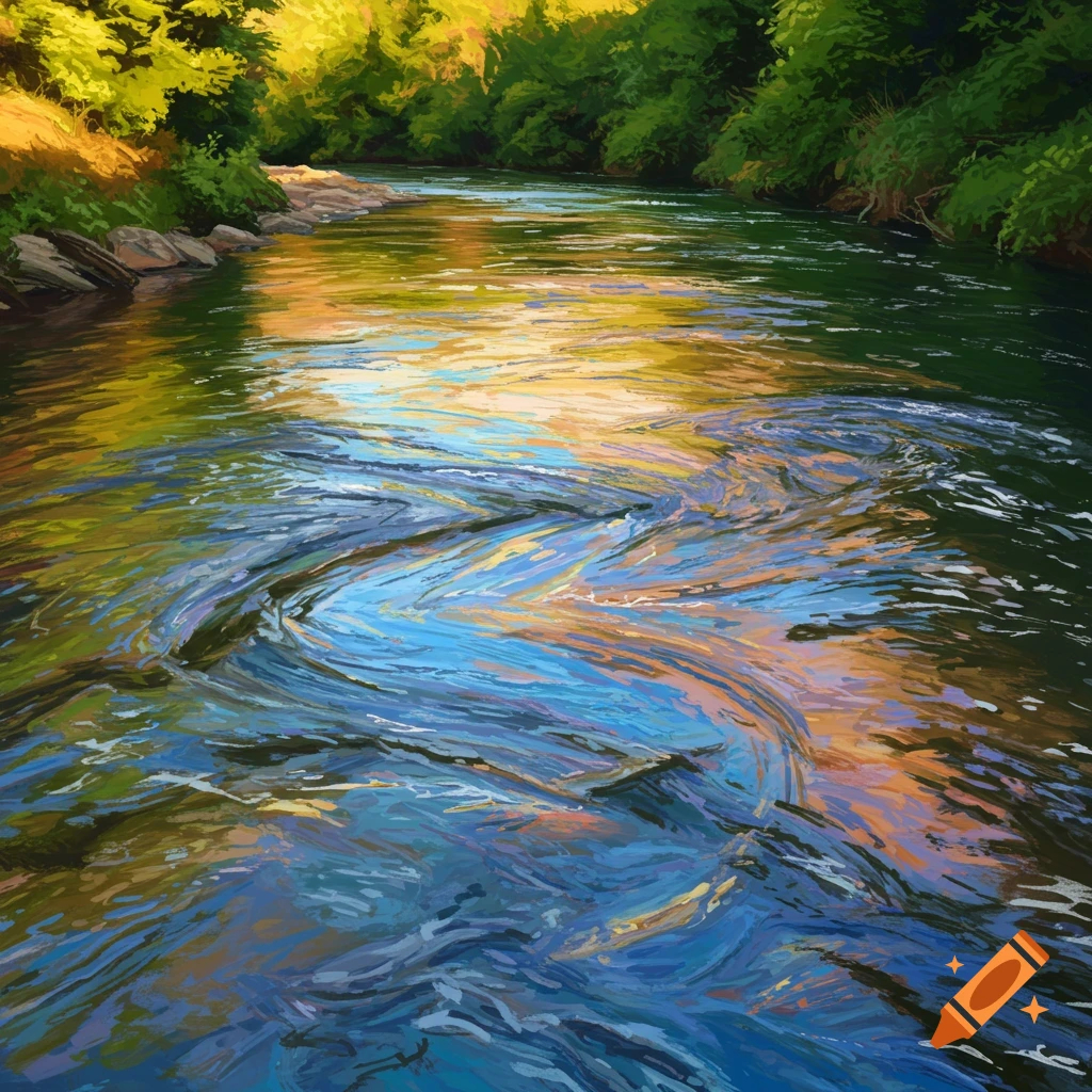 A vibrant, painterly river with swirling reflections of sunlight and trees, flowing through a lush green forest.