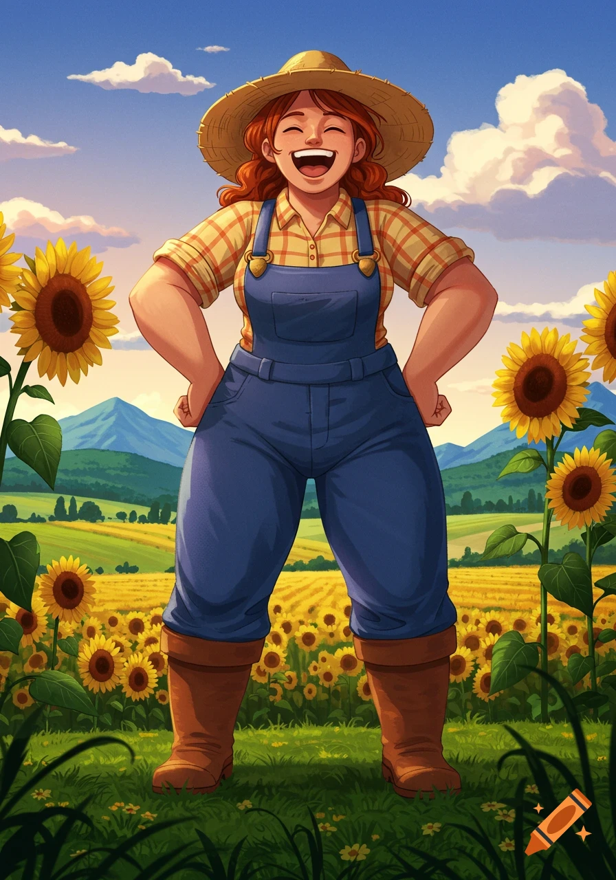 A cheerful farmer woman in a straw hat and overalls laughs heartily in a vibrant sunflower field under a blue sky, animation style.